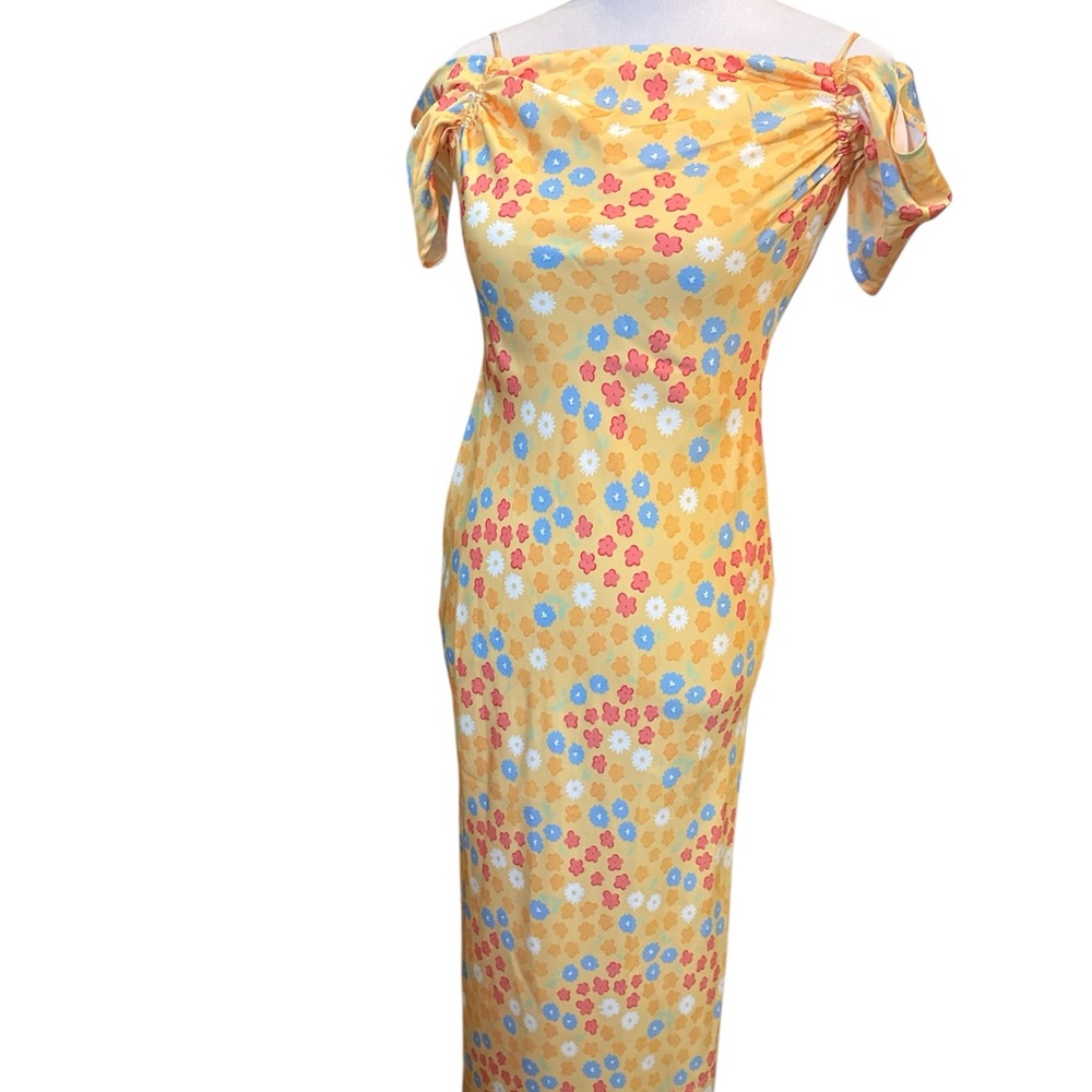 Sabo Dress Womens Sz S Floral Yellow Maxi Off Shoulder Tie Zip Back Puff Sleeve